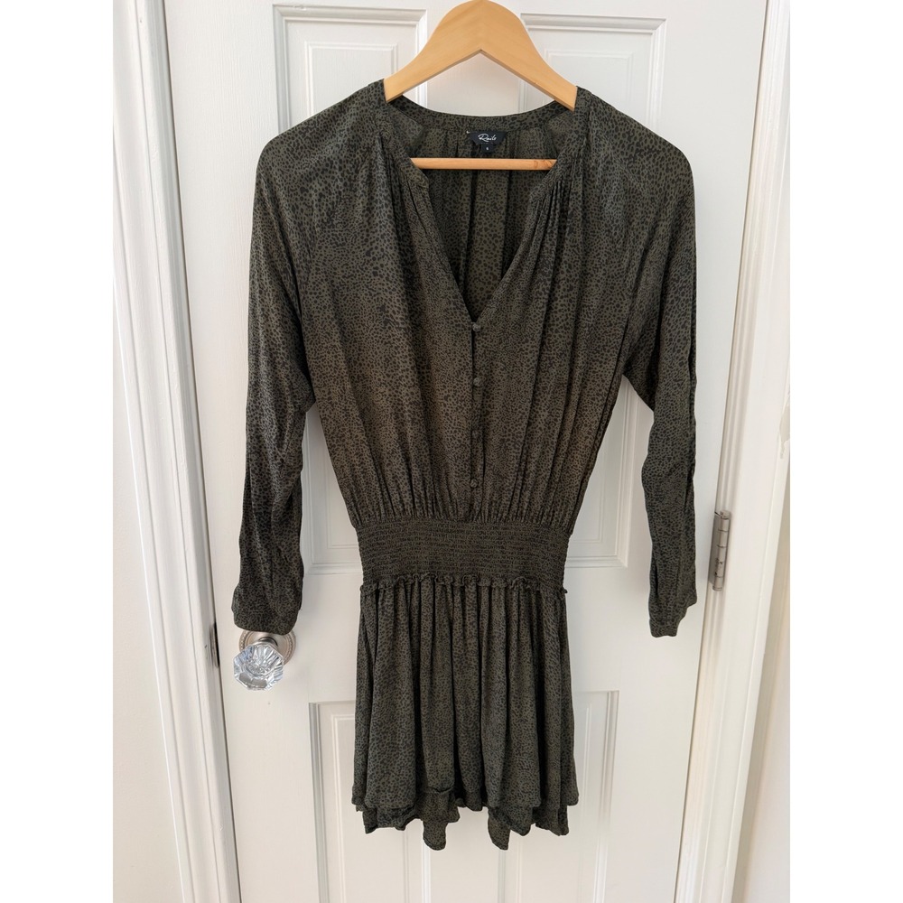Rails Jasmine Mini Dress Olive Green Size Small Long Sleeve Animal Print